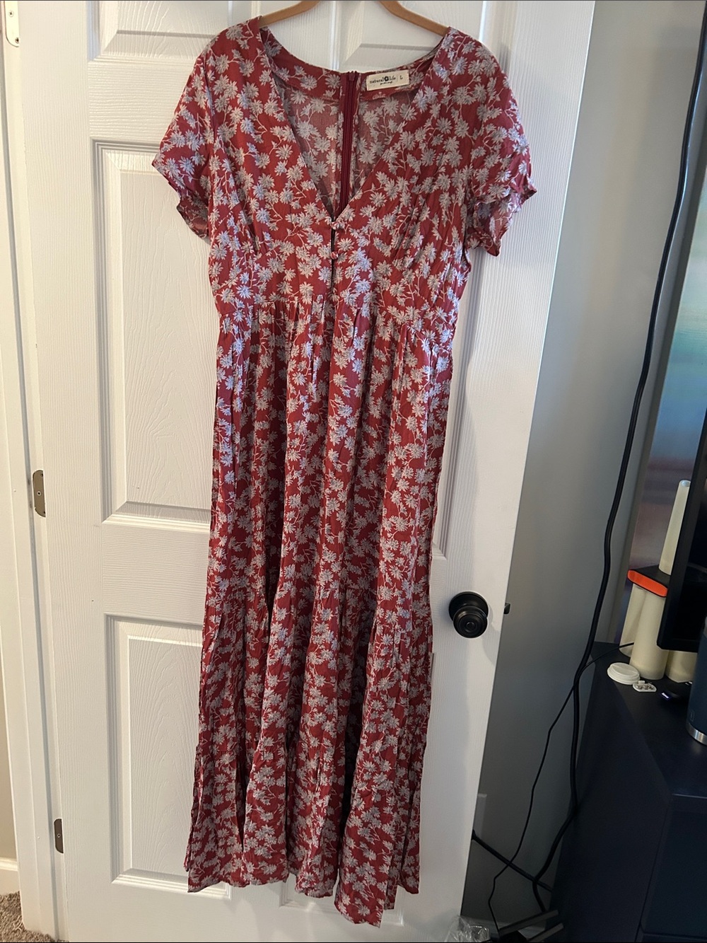 NATURAL LIFE Red Floral V-Neck Maxi Dress with White Print